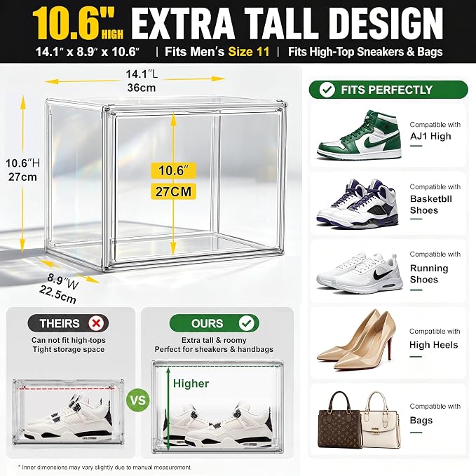 12 Pack Clear High-Top Sneaker Storage Boxes, Acrylic Shoe Organizer | Extra height 10.6'' for high-top sneakers & athletic footwear Size 11.Stackable display design keeps collections organized