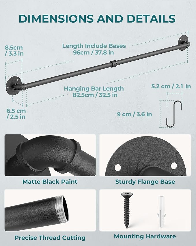 OROPY 38'' Pot Rack Wall Mounted, Iron Pipe Hanging Pot Rack, 14 S Hooks | Industrial Utensils Kitchen Hanging Rail, Pot and Pan Organizer, Pot Lid Organizer, Black