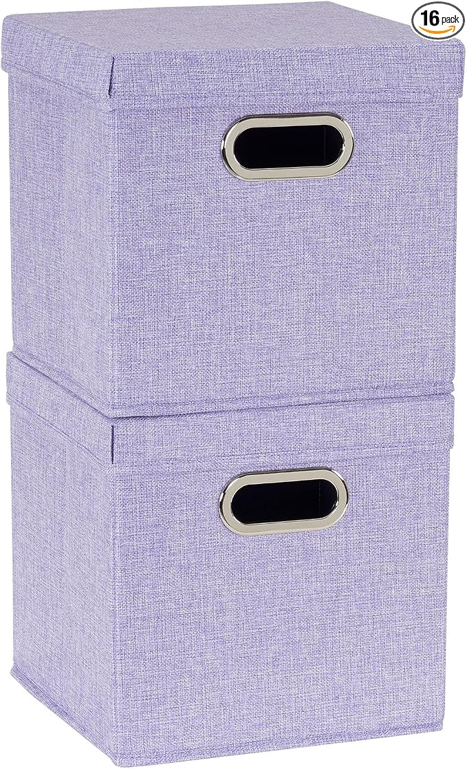 Household Essentials 814-1 Café Cube Bin Storage Set with Lids and Handles | 16 Pack, Purple Linen