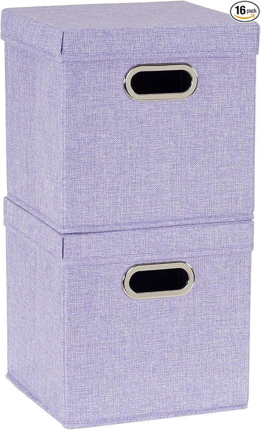 Household Essentials 814-1 Café Cube Bin Storage Set with Lids and Handles | 16 Pack, Purple Linen