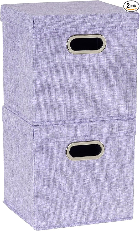 Household Essentials 814-1 Café Cube Bin Storage Set with Lids and Handles | 2 Pack, Purple Linen