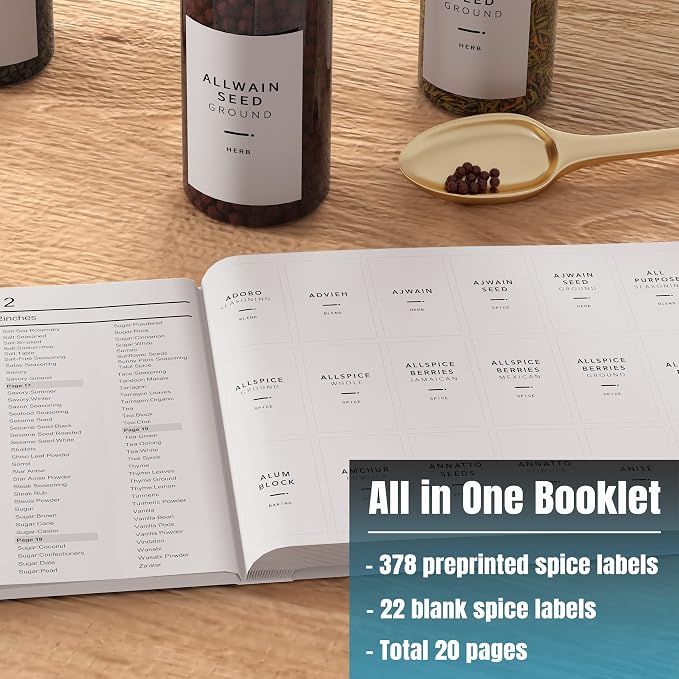 Neatsure 400 Minimalist Spice Labels, Preprinted Stickers Booklet, Black Text on White Waterproof Matte Backing, Herb Seasoning Spice Jars Rack Organization System