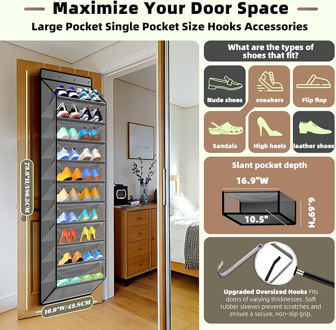 PAULONE 10-Pocket Multi-Use Over the Door Organizer, Heavy Duty 95lbs Capacity with Breathable Mesh, Versatile Hanging Storage for Shoes, Toys, Office Supplies-Classic (Slate Grey, 10-Shelf,)
