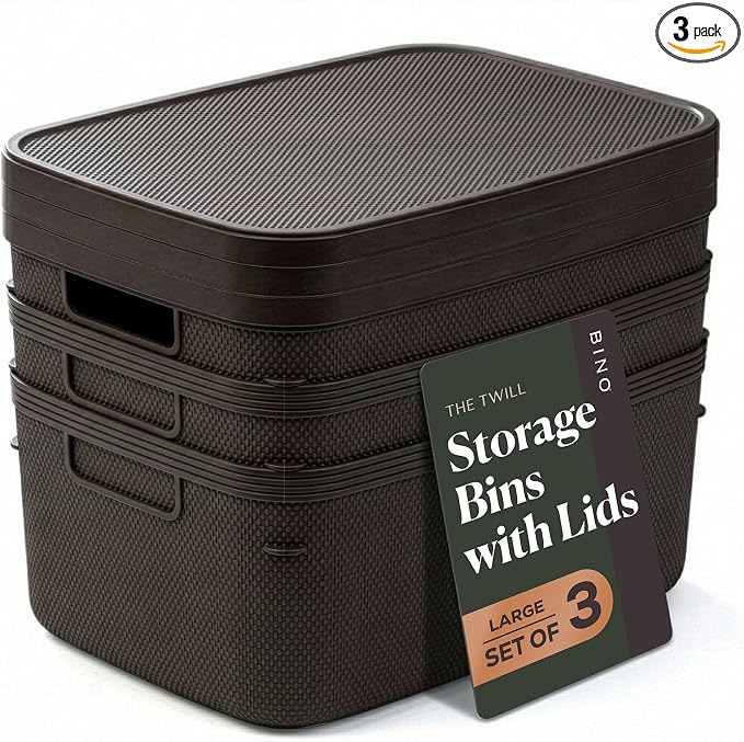BINO | Plastic Storage Bins with Lids, 13 Liter - 3 Pack, Dark Brown | THE TWILL COLLECTION | Plastic Bins for Organization | Woven Storage Baskets for Organizing | Pantry Shelf Organizer Basket Bin