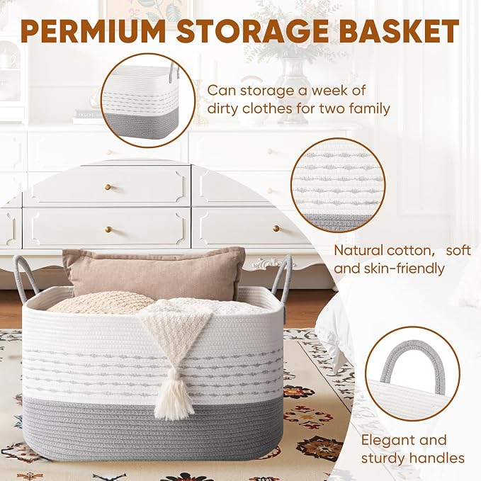 OIASKET 75L Large Cotton Rope Storage Basket, Soft Decorative Blanket Basket for Living Room & Bedroom, Boho Laundry Hamper with Handles Capable of Holding Pillows, Clothes and Toys-Grey & White