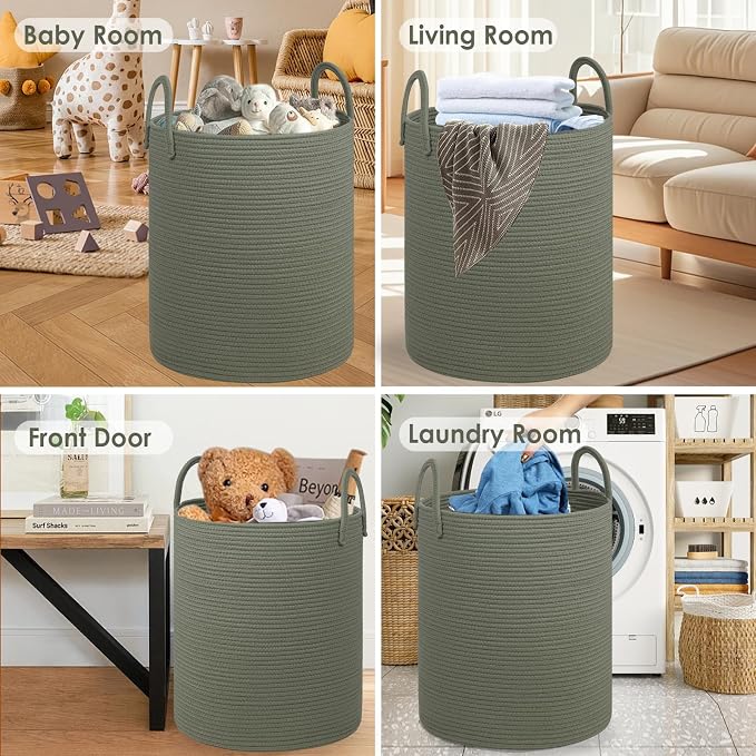 Laundry Basket,18x18X22 Cotton Rope Storage Basket with Handles,Kids Girl Baby Laundry Hamper,Dirty Clothes Hamper,Blanket Basket for Living Room,Nursery Hamper,Room Decor,Green