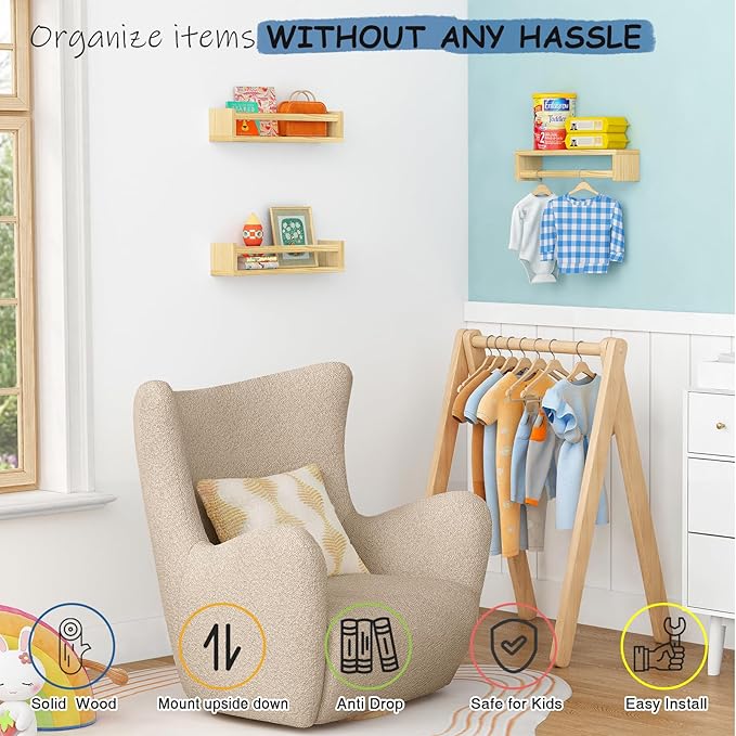 Harwaya Floating Nursery Book Shelves for Wall, Natural Wood Wall Bookshelf for Kids Room Bedroom, Small Wooden Hanging Baby Book Shelf and Toy Organizer for Nursery Girl Boy Toddler Child - Set of 3