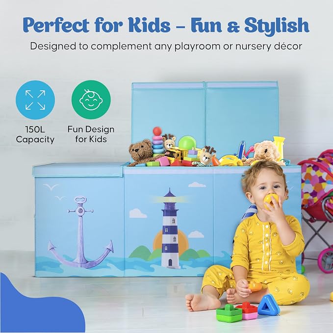 Extra Large Collapsible Sturdy Toy Storage Organizer with Lids, Ocean Theme Toy Box for Boys & Girls, 40"x16"x16", Modern, Blue