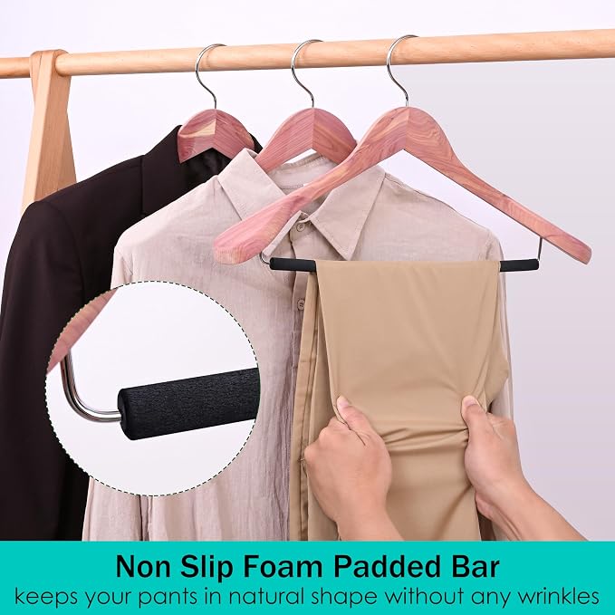 8 Pack Unfinished American Red Cedar Wooden Coat Suit Hangers with Extra Wide Shoulder, Wood Jacket Clothes Hanger with Non Slip Black Padded Pant Bar- 360°Flexible Hook, Natural