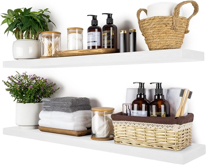 BGMG Wood Floating Shelves, White, 36x6.7x1.25 inch, Set of 2 | Wide Rustic Wooden, Wall Shelves, For Bathroom Living Room Bedroom Kitchen, Farmhouse