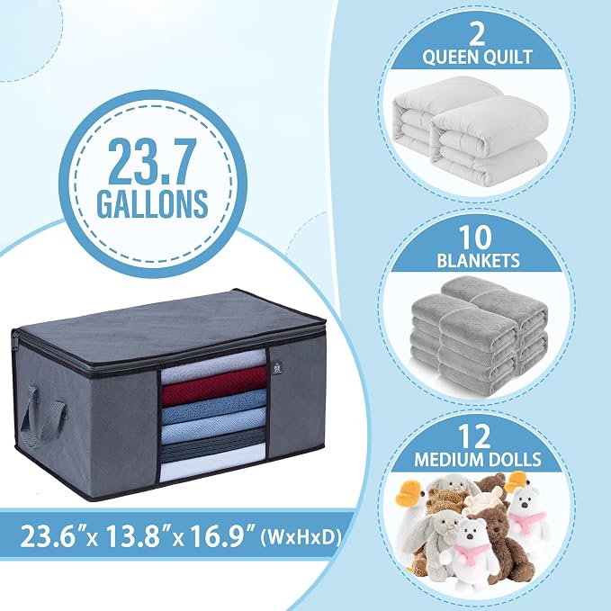 VENO 3 Pack Extra Large Clothes Storage Bag Organizer with Reinforced Handle Thick Fabric for Comforters, Blankets, Bedding, Foldable with Sturdy Zipper, Clear Window, Grey, Reusable (24 Gallon)