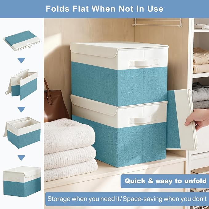 Bagnizer Large 22 Quart Linen Fabric Foldable Storage Bin Cube Organizer Basket with Flip-Top Lid & Handles, Clothes Blanket Box for Home, Office, Closet, Teal & White, 4 Pack 14.6 x 9.5 x 9.5