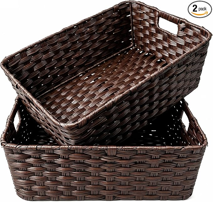 Large 2-Pack Plastic Wicker Storage Baskets, 17"x13"x5.5", Brown | Versatile woven bins for laundry, closet, living room, shelf organization, and even a cat bed – perfect home storage decor.