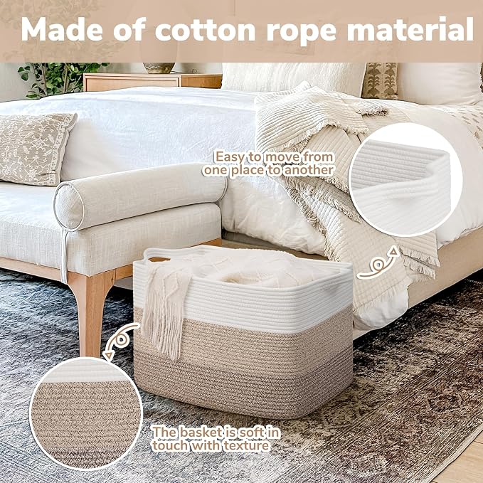 Goodpick Large Storage Basket, 18"x14"x12" Cotton Rope Organizer for Blankets, Toy Baskets Storage Kids, Rectangle Woven Basket for Living Room, Bedroom, Gradient Brown