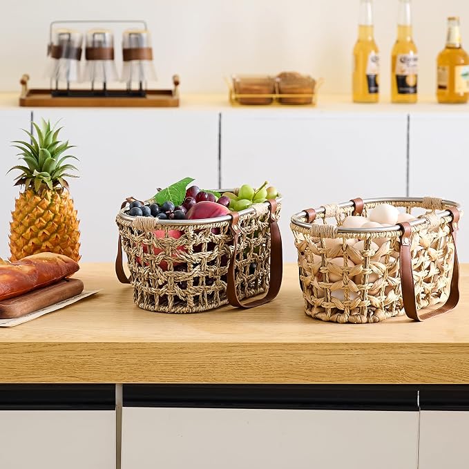 Farmhouse Seagrass Egg Baskets for Collecting Fresh Eggs Handmade Egg Collecting Basket Wicker Oval Storage Basket for Picnic, Harvest, Vegetable
