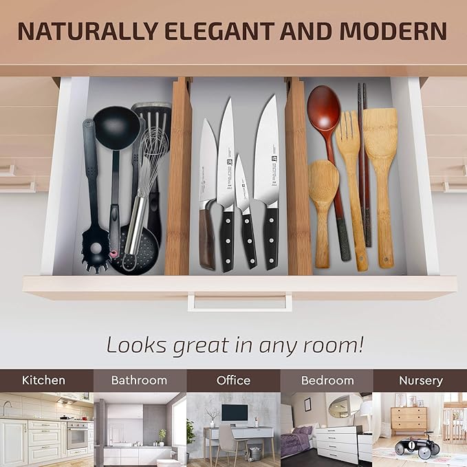 Kitchen Drawer Organizer - 4 Pack Bamboo Drawer Dividers 2.6 in High, Adjustable 16 to 22 in Expandable Spring Loaded Dividers with Non Slip Foam for Utensils, Clothes, Bathroom, Office, Dresser