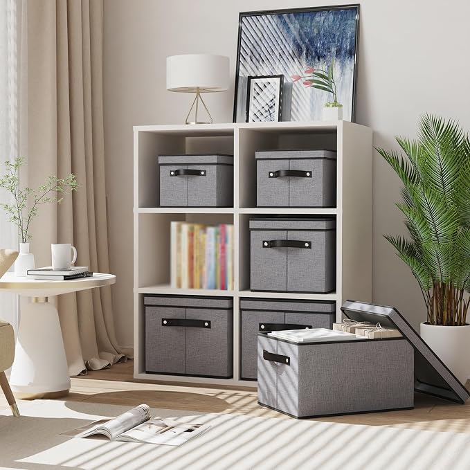 Storage Bin with Lid, Storage Box for Shoes Towels Books, Fabric Closet Organizer with Handles, Gray, 16.5 x 11.8 x 10.2 Inch, 1-Pack