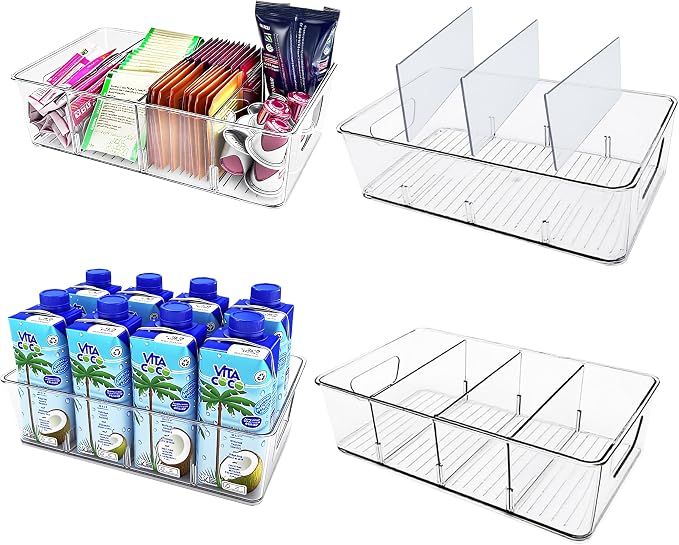 4-Pack Pantry Organizer Bins – Clear Storage Containers for Pantry, Kitchen, Fridge, Cabinet, or Shelf – Perfect for Snacks, Food, Drinks & Multi Purpose