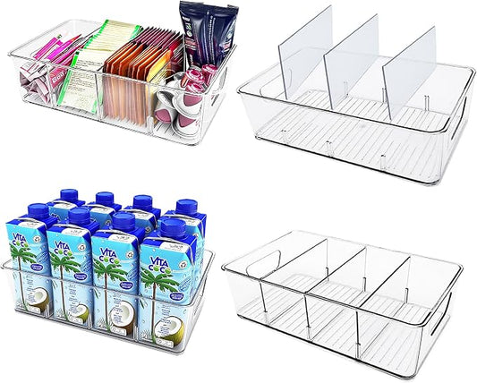 4-Pack Pantry Organizer Bins – Clear Storage Containers for Pantry, Kitchen, Fridge, Cabinet, or Shelf – Perfect for Snacks, Food, Drinks & Multi Purpose