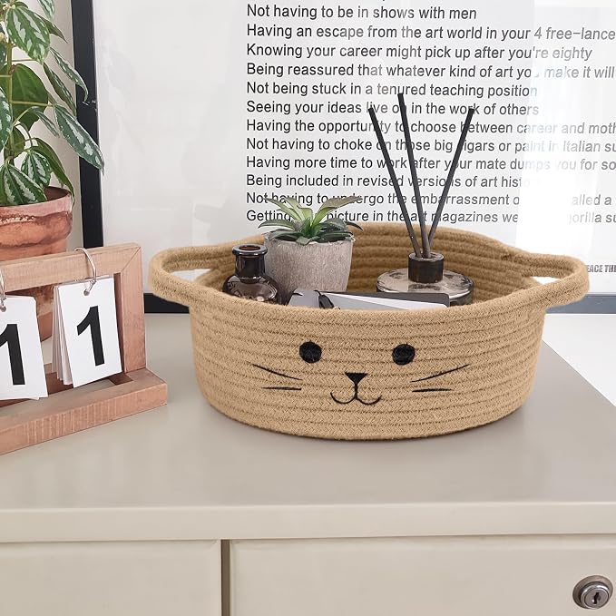 Small Storage Basket, Cute Baskets for Cat Toys, Woven Doy Toy Box Empty Gift Bin for Organizing, Jute, 9.8 x 4 inches