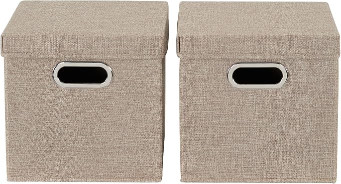 Household Essentials 802-1 Café Cube Bin Storage Set with Lids and Handles | 16 Pack, Brown Linen