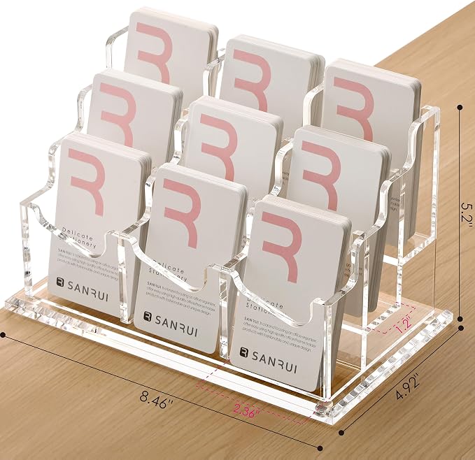 SANRUI Vertical Business Card Holder for Desk，Clear Acrylic Business Card Display Stand，9 Slots 3 Tier ，Holds 450 Cards