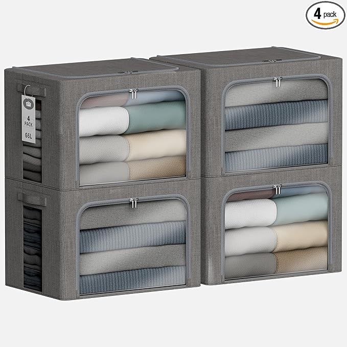 4 Pack Clothes Storage Bins with Metal Frame - 66L Stackable Storage Box with Lid，Foldable Storage Container Organizer for Clothes，Linen Fabric Storage Box with Clear Window＆Zippers＆Handles
