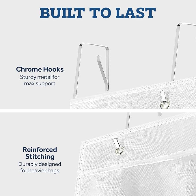 ZOBER Purse Organizer For Closet - Over The Door Purse Organizer W/ 6 Pockets for Easy Purse Storage - Durable Metal Hooks - Purse Rack W/Clear Pockets - White (2 Pack)