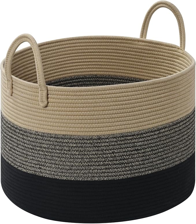67L Large Woven Blanket Basket, Cotton Rope Baby Laundry Hamper with Handles, Kids Toy Basket for Classroom & Nursery, Soft Round Stuffed Animal Storage, Dog Toy Bin - 20"x13", Black & Brown