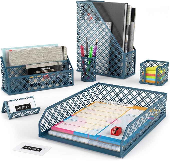 ARTEZA Desk Organizer Set, 6-Piece Dark Green, Includes Pencil Cup, Letter Sorter, Tray, Magazine Holder, Name Card & Sticky Note Holder
