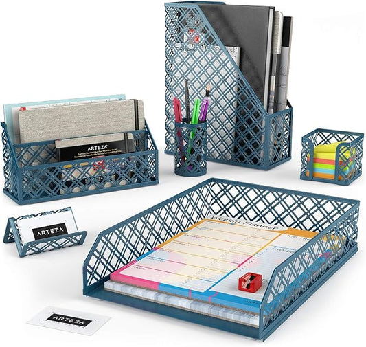 ARTEZA Desk Organizer Set, 6-Piece Dark Green, Includes Pencil Cup, Letter Sorter, Tray, Magazine Holder, Name Card & Sticky Note Holder