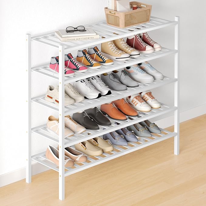Smiry Bamboo Shoe Rack for Closet, 5 Tier Long Wooden Shoe Organizer, Stackable Wood Shoe Storage Shelf for Entryway, 14 Vertical Slats, 2+3 Stack Heavy-Duty Legs, 33.86"x11.02"x31.3", White