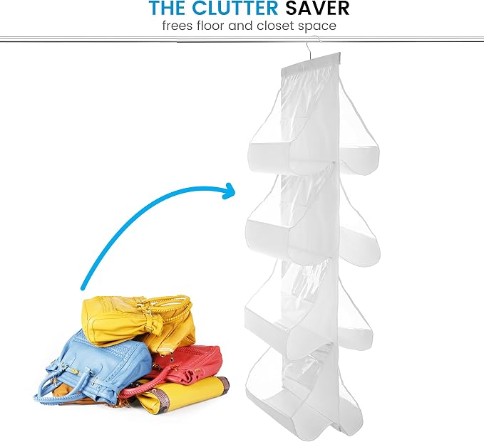 ZOBER Hanging Purse Organizer, Breathable Nonwoven Handbag Organizer, 8 Easy Access Clear Vinyl Pockets, White, 48 L x 12 W