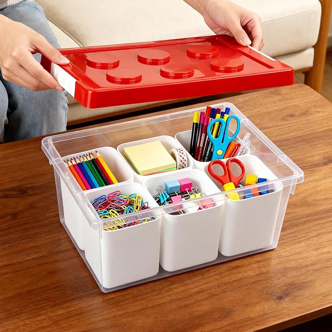 Plastic Storage Bins with Lids, Art Craft Supply Organizer Box with Brush Pot, Multipurpose Stackable Storage Containers for Organizing Tool, Craft, Crayon,Sewing (Red)