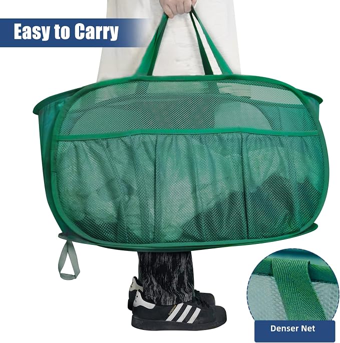 2 Pack Collapsible Laundry Baskets, Upgrade Pop Up Laundry Hamper with Convenient Bags, Foldable Laundry Basket Mesh Light Weight, Easy to Carry Clothes Hampers for Laundry, Dorm, Toys, Travel Green