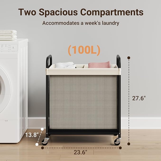 ELYKEN Laundry Hamper 2 Section, 100L Rolling Laundry Sorter with Removable Liner Bag, Laundry Basket with Wheels, Steel Frame with Metal Handle, Clothes Hamper Cart for Laundry Room & Bedroom