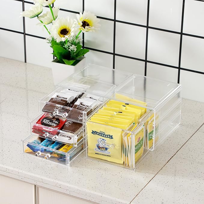 Cq acrylic Clear Stackable Storage Bins,Plastic Storage Organizer and Small Drawer Organizer With 4 Drawers for Make Up,Skincare Product,Craft,Beauty and Desktop Drawers Organizer Storage