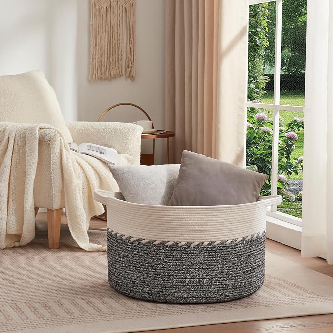 OIAHOMY 125L Extra Large Blanket Basket, 25" x 16", Jumbo Laundry Hamper, Cotton Rope Basket with Handles,Baby Toy Storage Bins,Black