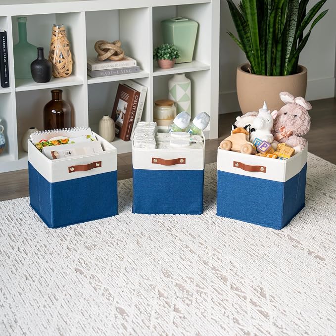 OrganiHaus 11x11 Cube Storage Bins, Set of 4 - Fabric Storage Cubes | Sturdy, holds its shape; odor-free; fits ClosetMaid 11-inch shelves; vegan leather handles