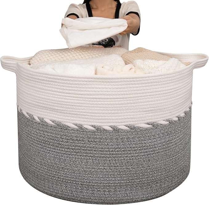 OIAHOMY 125L Extra Large Blanket Basket, 25" x 16", Jumbo Laundry Hamper, Cotton Rope Basket with Handles for Living Room,Baby Toy Basket for Storage, Grey