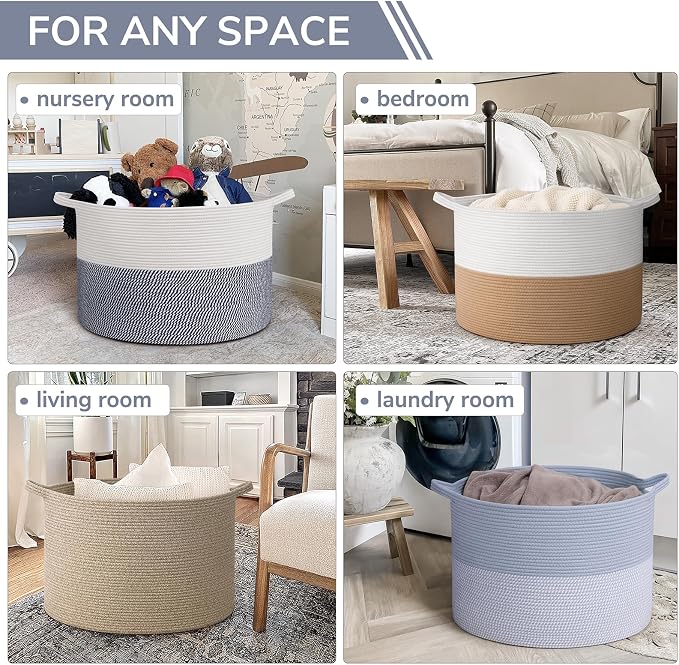 INDRESSME 115L Extra Large Cotton Rope Basket, Blanket Basket for Home Decor Living Room Nursery, Toy Storage Baskets for Kids Boys Girls, White & Navy
