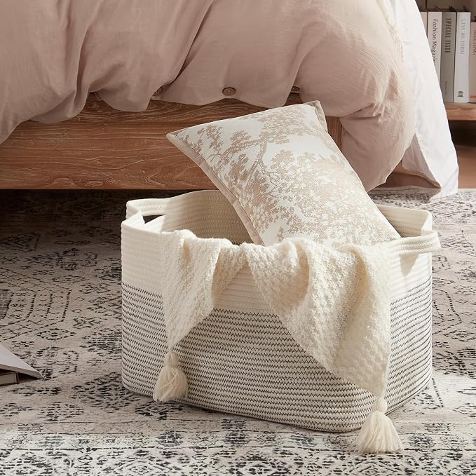 OIAHOMY Large Blanket Basket, 65L Cotton Rope Woven Laundry Basket, Toy Bin for Baby Room, Container for Blanket Storage in Living Room, 20''×16''×12'', Black & White