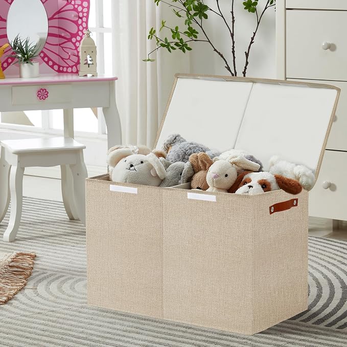 Bagnizer Large Toy Storage Box with Lids, Collapsible Sturdy Baby Storage Organizer Chest Bin Basket for Kids, Boys, Girls, Playroom, Nursery, Bedroom, Closet 25"x13"x16" (Khaki)