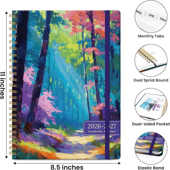 Planner 2026-2027, Hardcover Monthly and Weekly Academic Planner July 2026 - June 2027, Teacher and Student Calendar Agenda Book with Tabs, A5 (6.3" x 8.5"), Ideal for School and Office, Floral Planner, Chromatic Woods