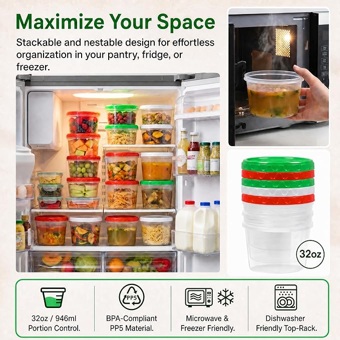 EONJOE 32oz Plastic Freezer Food Leftovers Containers with Lids, 12pcs | Reusable ,Airtight & BPA-free for fresh food. Dishwasher/freezer safe, perfect for daily meal prep, portion control