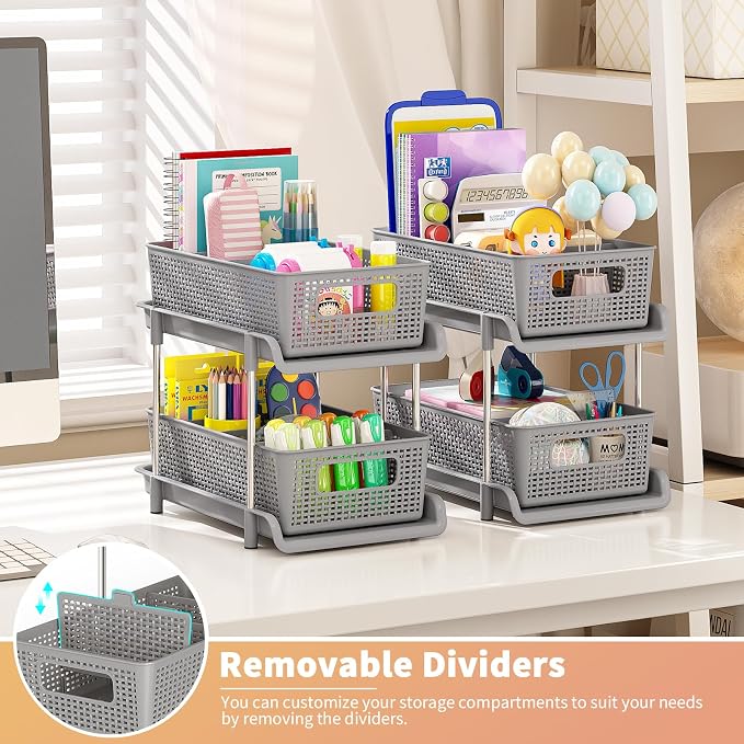RIKOJUXI Bathroom Organizer with Dividers, 2Pcs 2 Tier Stackable Under Sink Organizers and Storage Cabinet Organizers for Bathroom Kitchen Pantry Organization and Storage, Medicine Cabinet Organizer