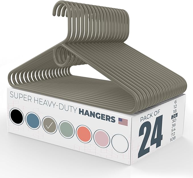 Super Heavy Duty Clothes Hangers 20 Pack (24 Count) – Made in the USA - 10lb Capacity, Thick Plastic Hangers for Pants, Coats, Jackets, Jeans and Adult Clothing – Gray