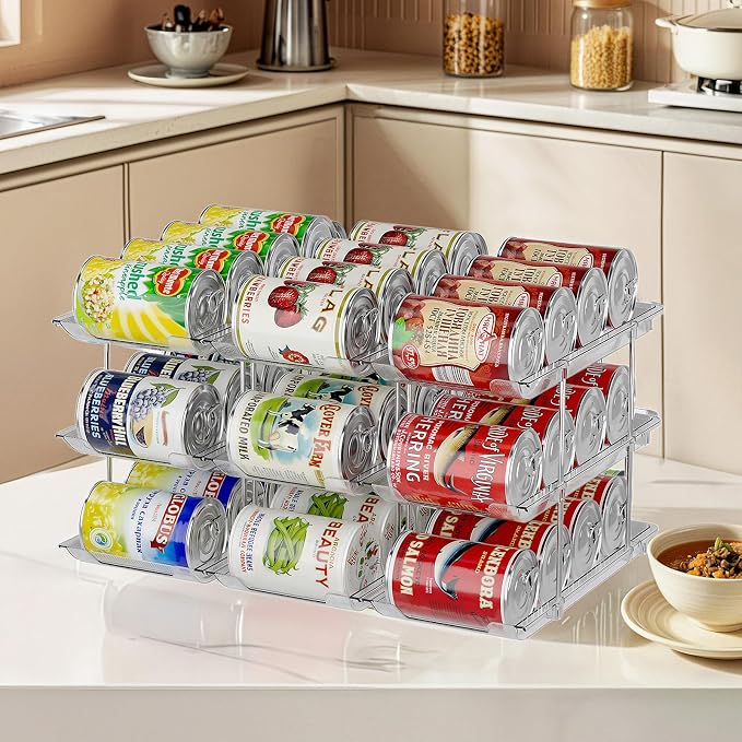 Can Organizer for Pantry, Upgraded Thickened Modular 3-Tier Combinable Can Storage and Beverage Dispenser Rack,Canned Food Organizer Rack Holds 36 Cans, Clear Can Holders for Pantry and Fridge