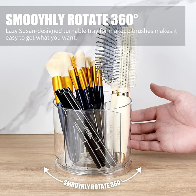 Makeup Brush Holder Organizer, Rotating Makeup Organizer for Vanity | Rotating 360° Clear Storage Cup Containers, Spinning Pen Holder for Desk, Round Make up Brush Stand with 5 Slots (Clear)