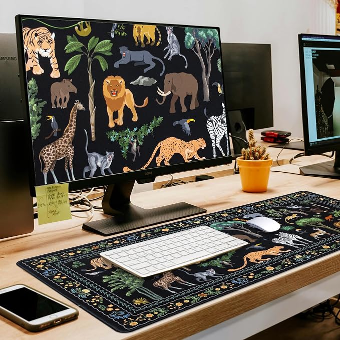 L-SPOUTTO Jungle Animal Desk Mat for Keyboard and Mouse, Black Mouse Pad | XXL Large Non-Slip Keyboard Pad Waterproof Desktop Mat for Laptop Computer Work Game Home Office